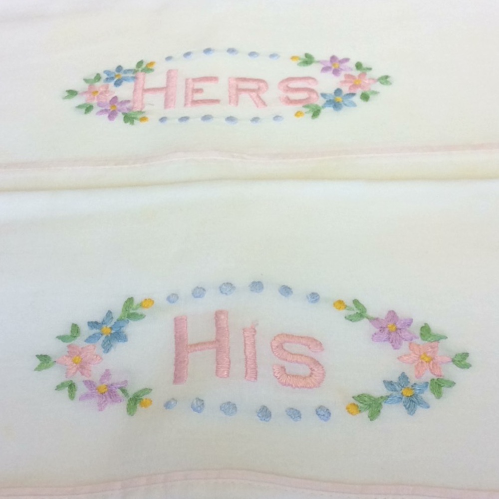 FINAL SALE PRICE Vintage White Floral His/Hers Pillow Case Set